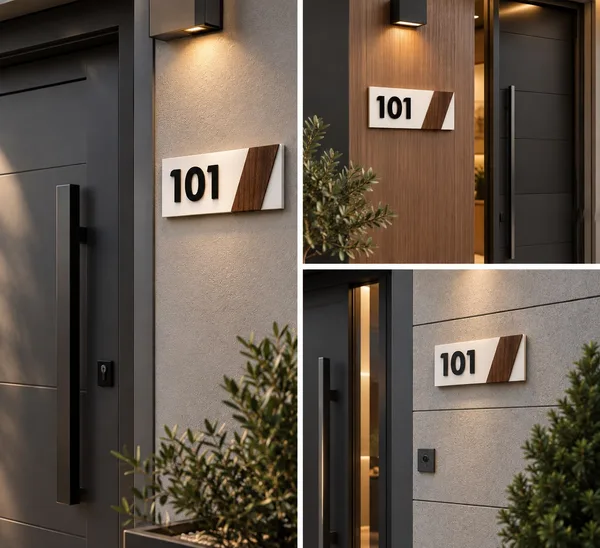 Beyaz Ceviz Dekorlu Siyah Kapı Numarası – 8 × 19 cm MDF — Kişiye Özel Kapı Numarası, Amorf Design